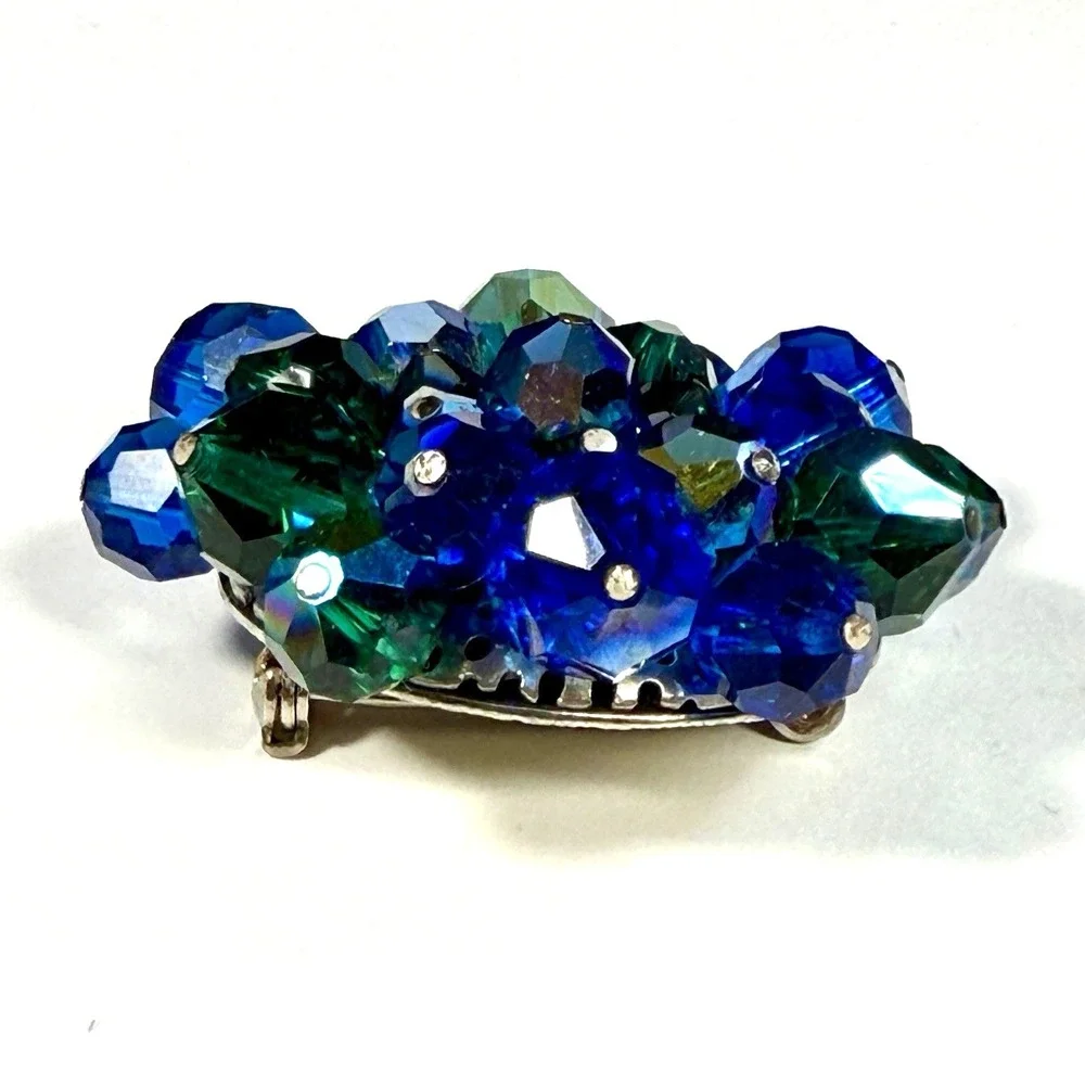 Vintage Blue Green AB Faceted Crystal Cluster Brooch Pin Flower Statement 1 1/2